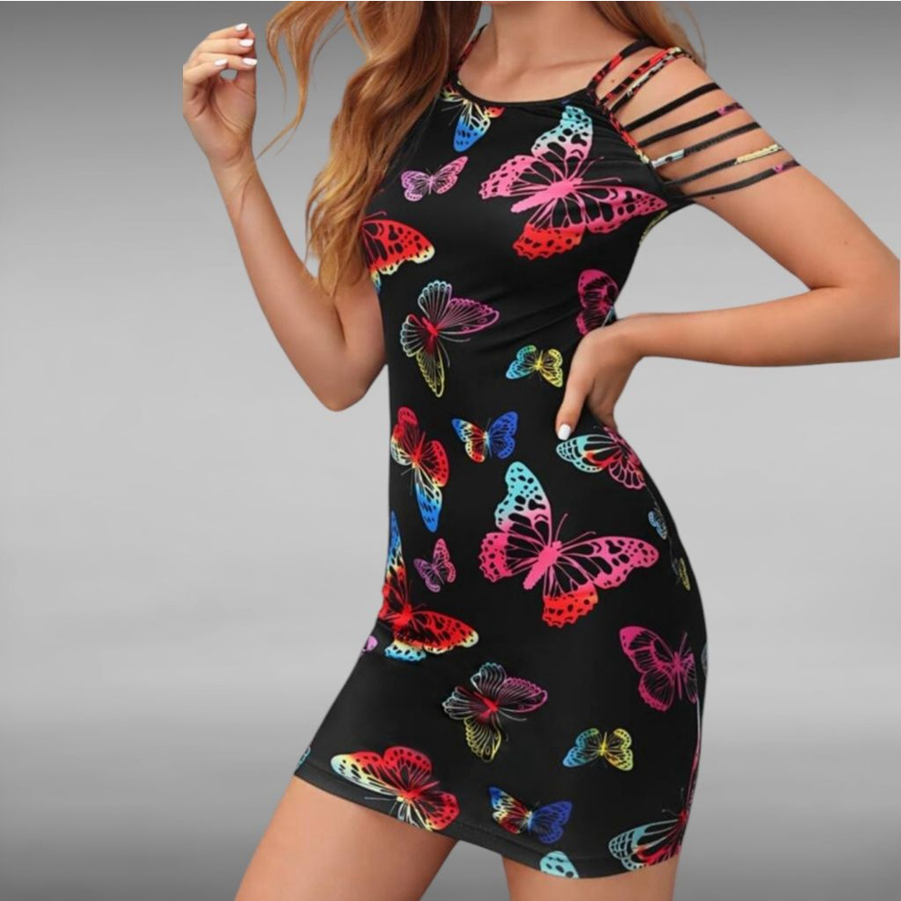 SHEIN Medium Rainbow Butterfly Print Strappy Sleeve Bodycon Mini Dress - Picture 9 of 11
